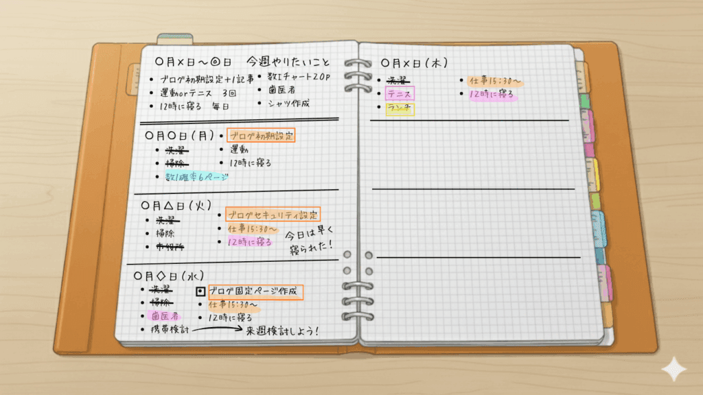 図３：ステップ３の色分けに加え、ワクワクする項目が囲み戦で強調された１週間のやりたいことリストのイメージ